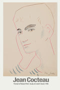 1946 minimalist drawing by Jean Cocteau featuring the portrait of Roland Petit, sketched in red, brown, and blue line work.
