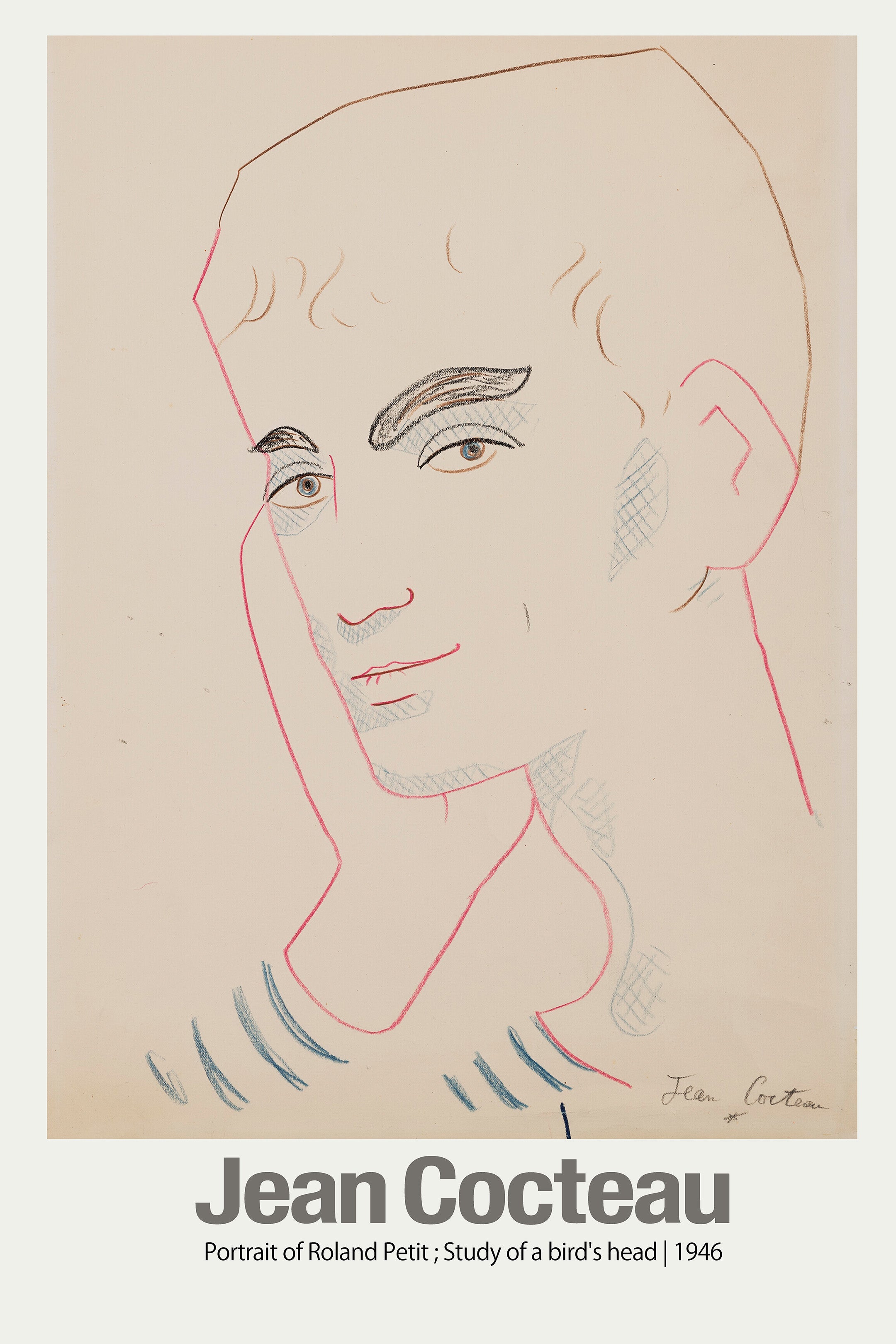 1946 minimalist drawing by Jean Cocteau featuring the portrait of Roland Petit, sketched in red, brown, and blue line work.