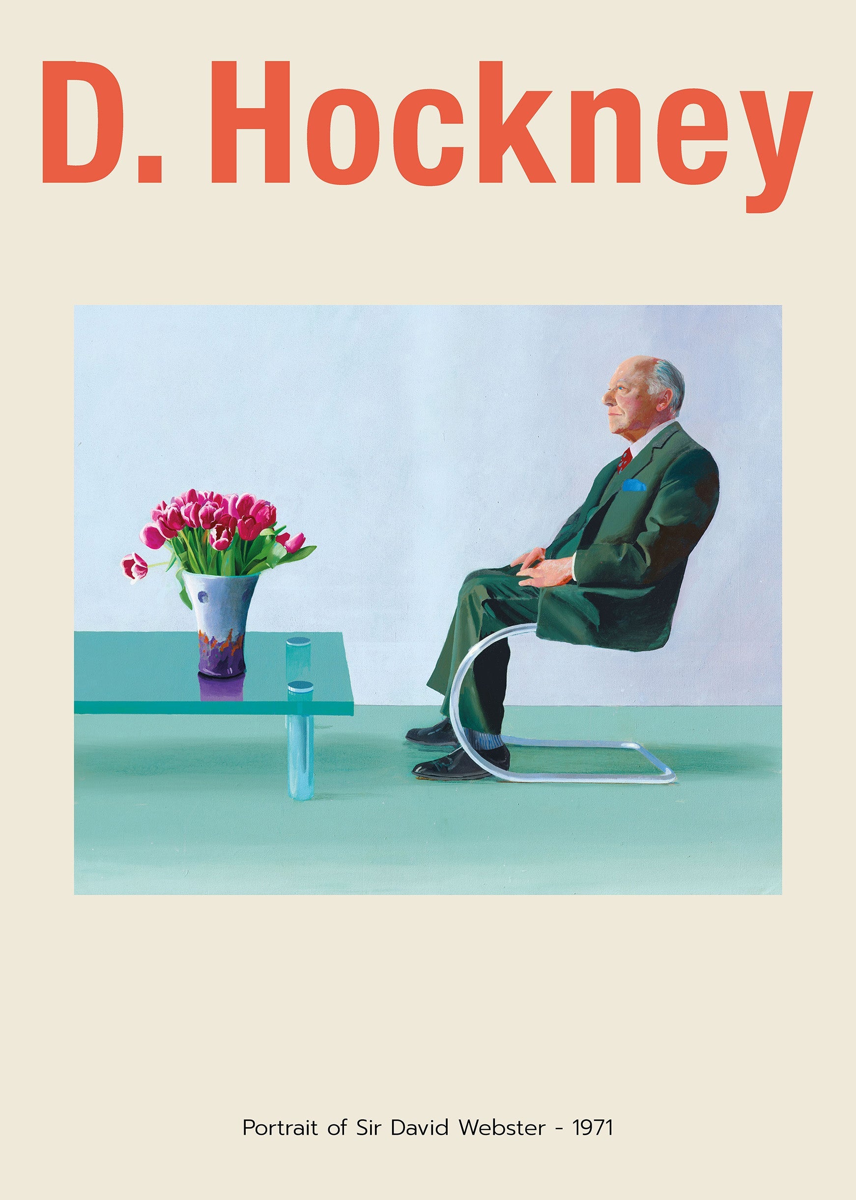 Artwork by David Hockney titled "Portrait of Sir David Webster," showing a man in a green suit seated next to a vase of pink tulips and a turquoise table, 1971.