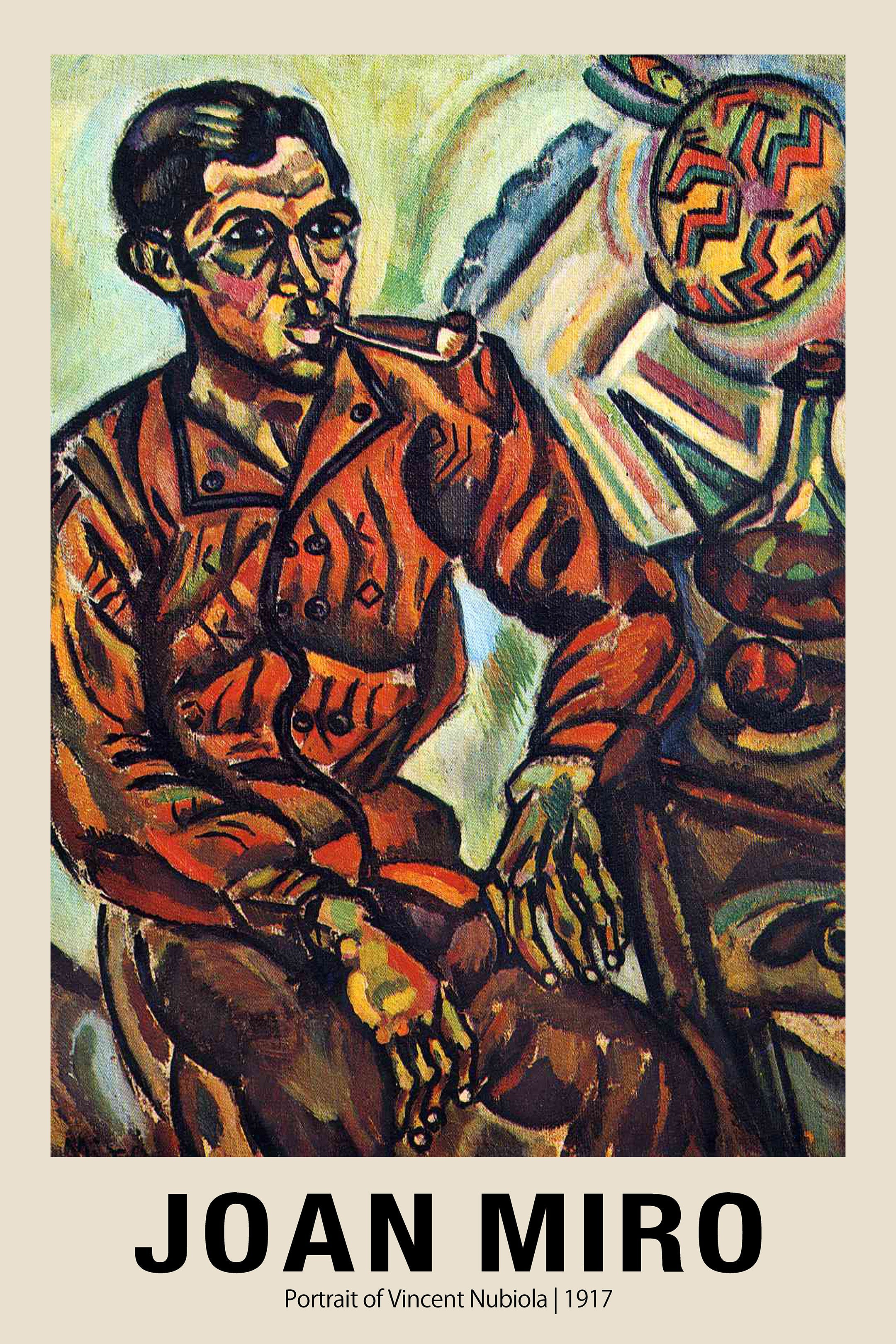 Oil painting by Joan Miró, 1917, showing a vividly colored portrait of Vincent Núbiola sitting and smoking a pipe.