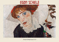 Detailed reproduction of Egon Schiele's 1912 Expressionist painting, "Portrait of Wally Neuzil," featuring her striking blue eyes, red hair, and thick white brushstrokes.