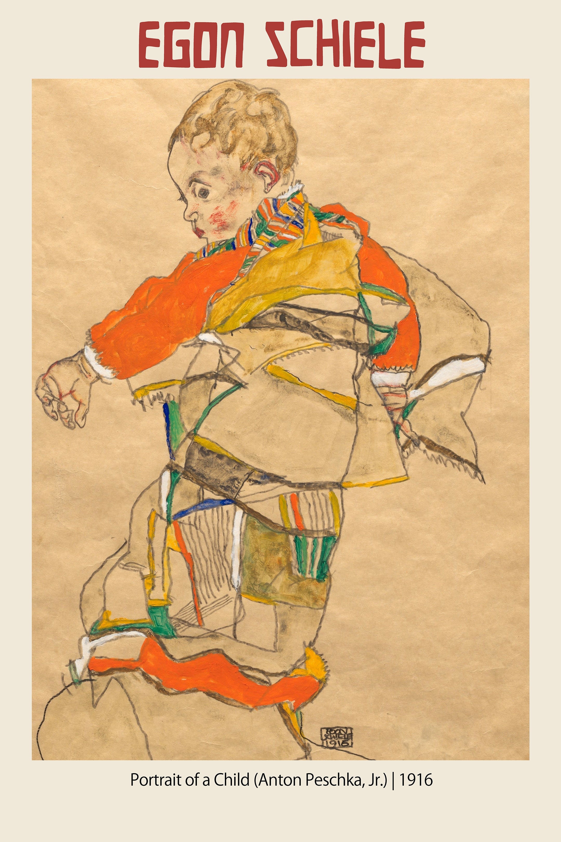 Egon Schiele's 1916 watercolor drawing, "Portrait of a Child (Anton Peschka, Jr.)," showing the expressive child figure in a vibrant orange and yellow top against a textured tan paper background.