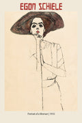 Egon Schiele's 1910 Portrait of a Woman drawing, featuring thin lines, a large hat, and an intense expression.