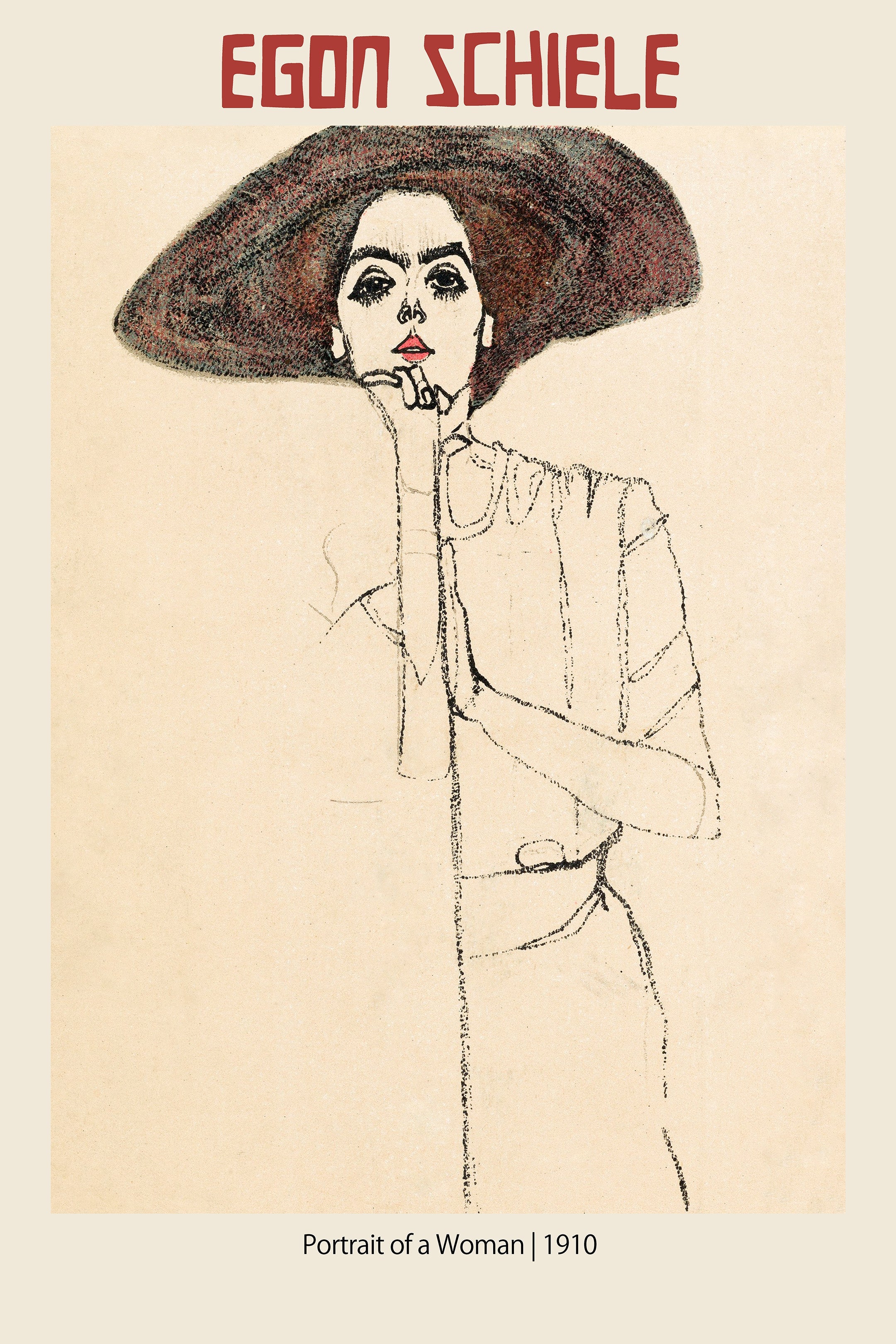 Egon Schiele's 1910 Portrait of a Woman drawing, featuring thin lines, a large hat, and an intense expression.