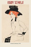 Egon Schiele's 1910 drawing, "Portrait of a Woman," featuring orange hair and a large black hat on a beige background.