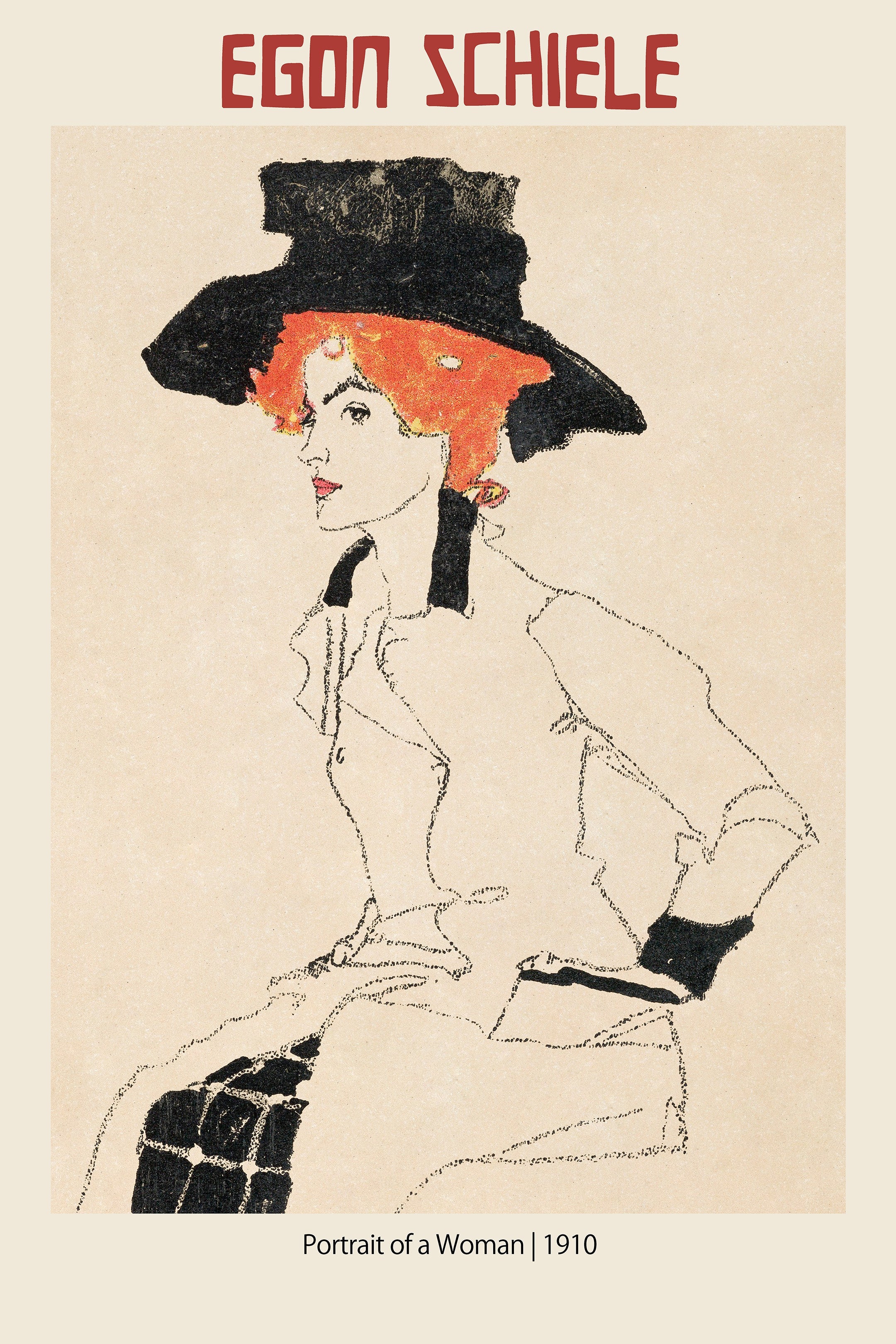 Egon Schiele's 1910 drawing, "Portrait of a Woman," featuring orange hair and a large black hat on a beige background.