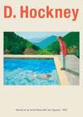 Reproduction of David Hockney's painting, "Portrait of an Artist (Pool with Two Figures)," showing a man in a red jacket looking down at a swimmer in a blue pool.