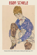 Egon Schiele's 1917 expressionist drawing of his wife Edith, seated with bright blue clothing and a red bow tie, done in pencil and watercolor on paper.