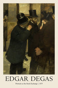 Detail of Edgar Degas oil painting showing several men in dark top hats and coats gathered, likely brokers at the Paris Bourse in 1879.