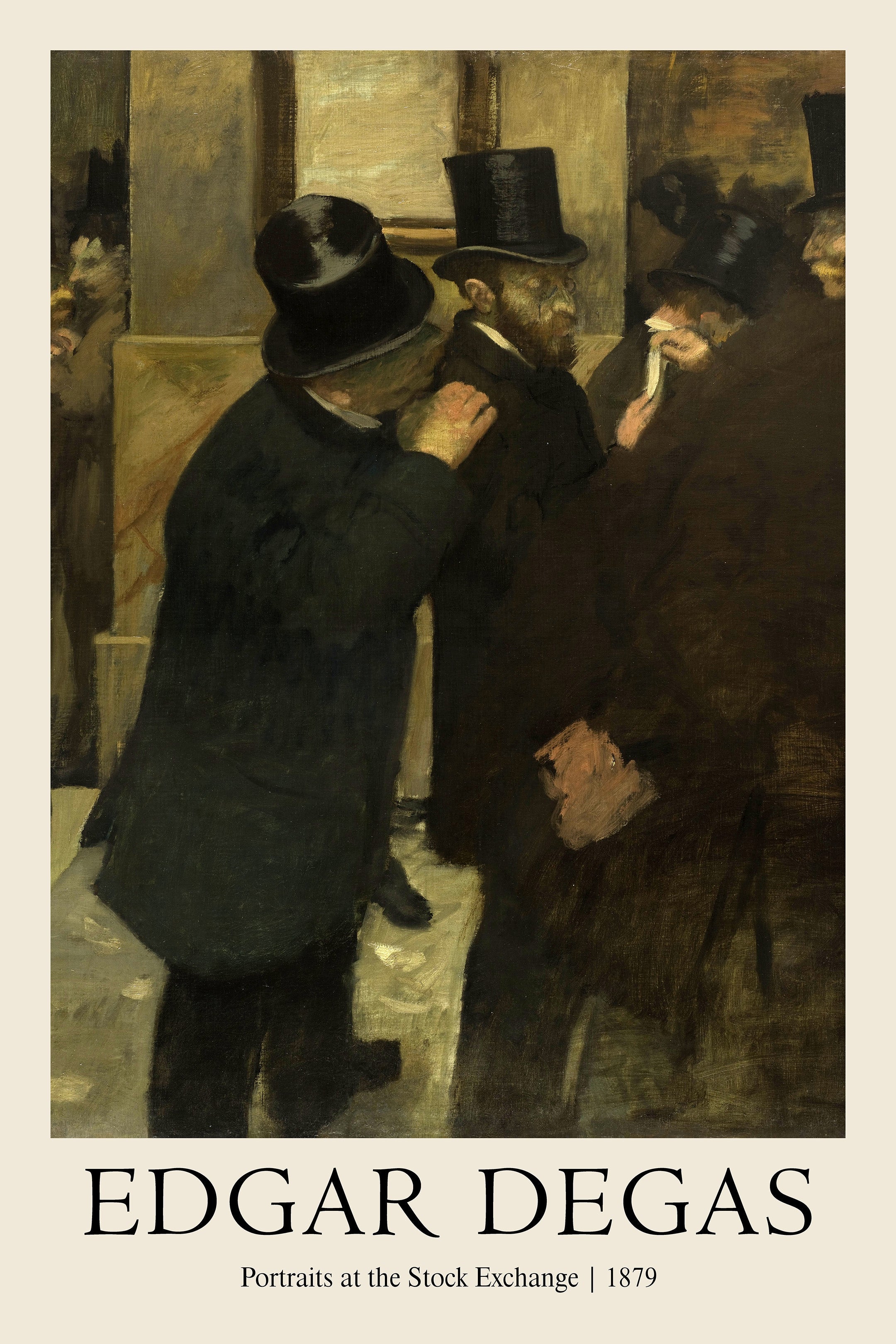 Detail of Edgar Degas oil painting showing several men in dark top hats and coats gathered, likely brokers at the Paris Bourse in 1879.