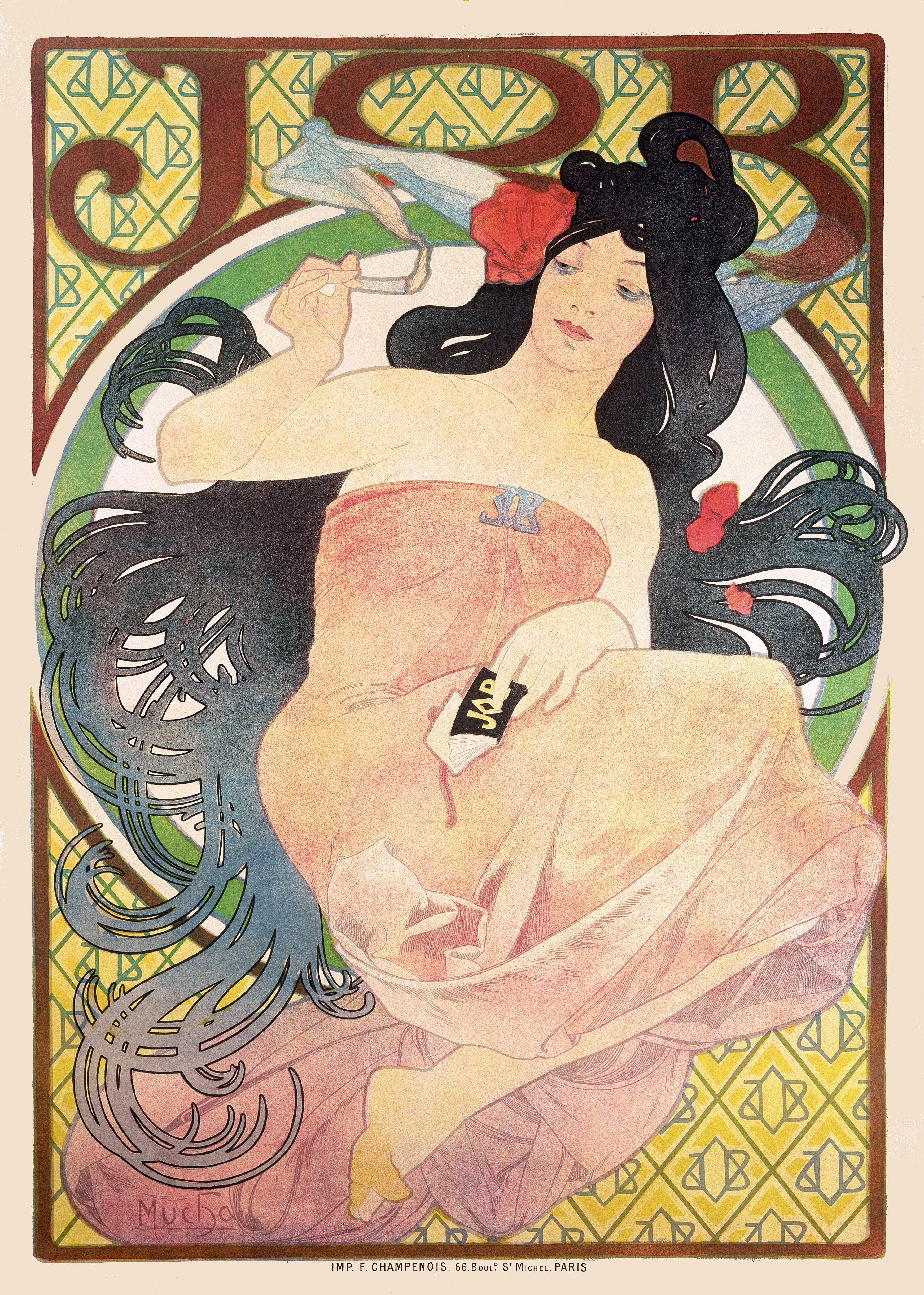 Alphonse Mucha lithograph poster advertising JOB cigarette papers, featuring a sensual woman with dark hair and a red flower.