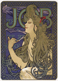 Alphonse Mucha's iconic 1898 JOB cigarette paper poster featuring a sensuous woman with flowing, stylized hair and a decorative purple-and-gold border.
