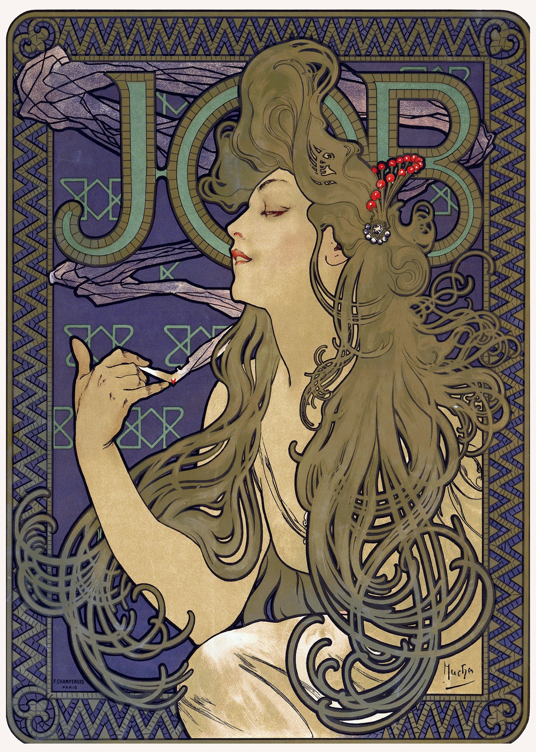 Alphonse Mucha's iconic 1898 JOB cigarette paper poster featuring a sensuous woman with flowing, stylized hair and a decorative purple-and-gold border.