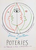 Vintage exhibition poster by Jean Cocteau featuring an abstract face drawing in red and green lines within a black circle for the Poteries show.