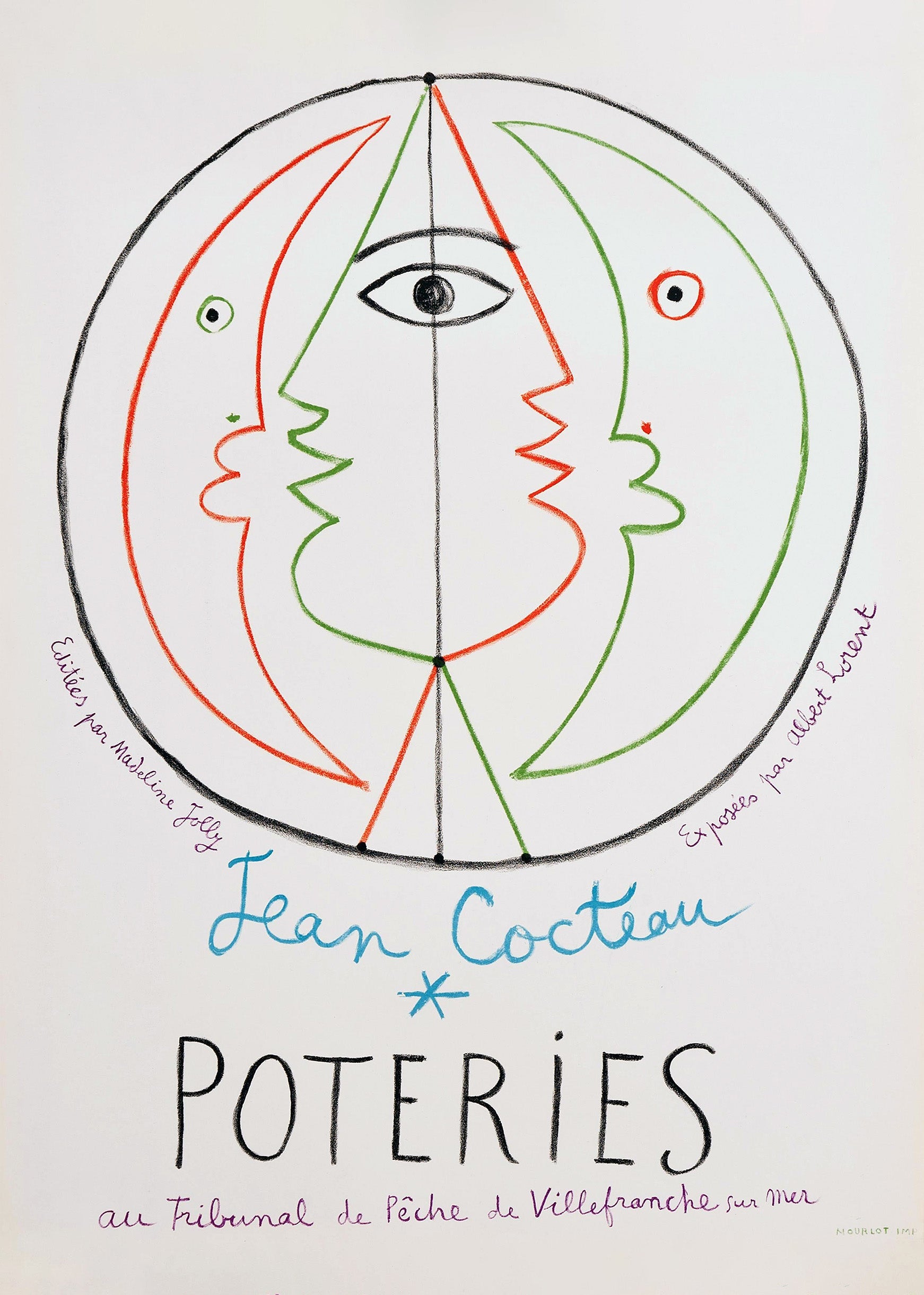 Vintage exhibition poster by Jean Cocteau featuring an abstract face drawing in red and green lines within a black circle for the Poteries show.