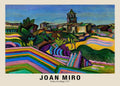 Abstracted oil painting by Joan Miró titled "Prades, the Village" (1917), depicting a colorful Catalan landscape with geometric fields and a village church tower.