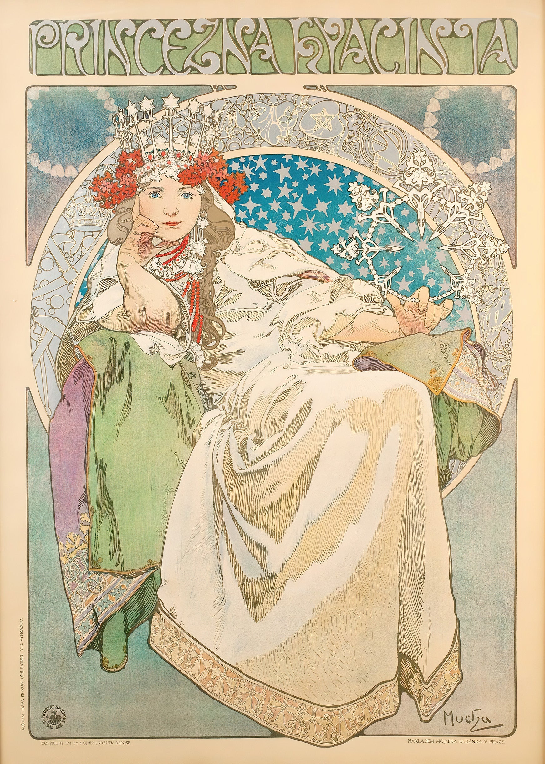 Alphonse Mucha poster for Princezna Hyacinta, depicting a regal woman with a star crown and red flowers, in classic Art Nouveau style.