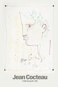 Jean Cocteau 1960 drawing showing a stylized abstract profile portrait in red and blue continuous lines on a white background, signed by the artist.