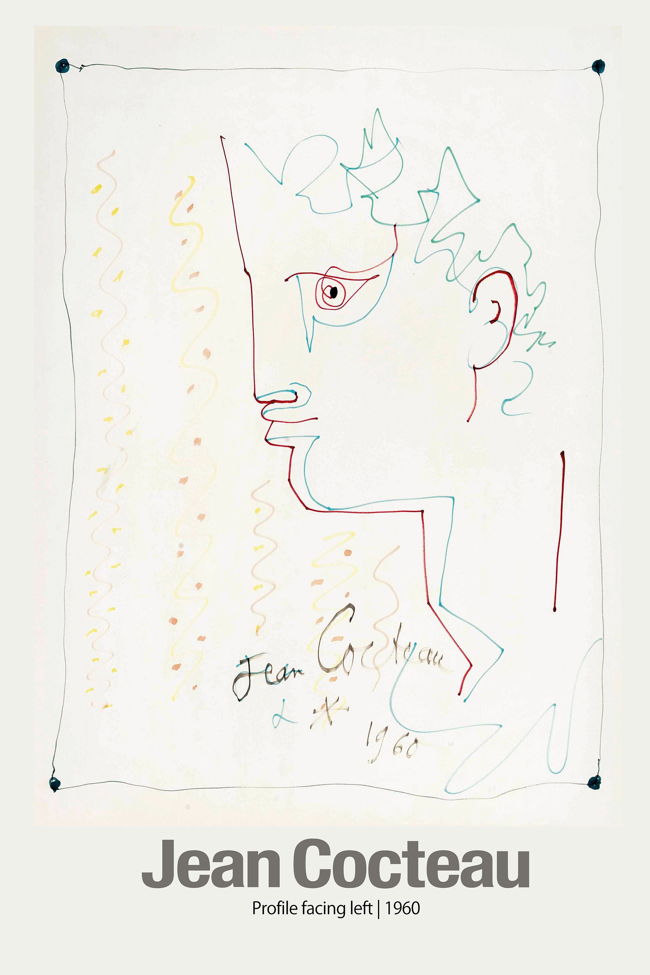 Jean Cocteau 1960 drawing showing a stylized abstract profile portrait in red and blue continuous lines on a white background, signed by the artist.