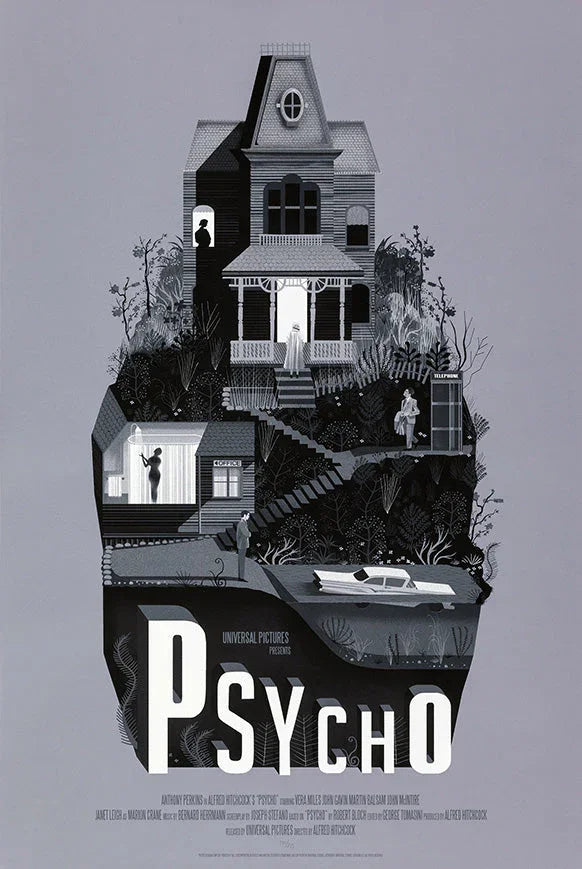 Psycho movie poster by Adam Simpson features eerie Bates house, figures on porch, office, and iconic shower scene in grayscale