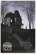 Illustration of Alfred Hitchcock's Psycho house on a hill at night with a lone figure and starry sky