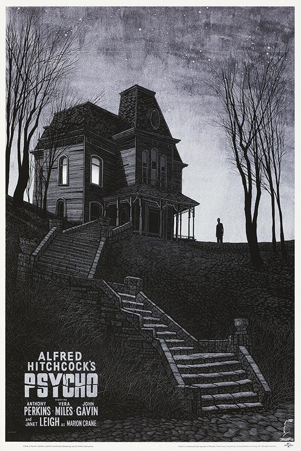 Illustration of Alfred Hitchcock's Psycho house on a hill at night with a lone figure and starry sky