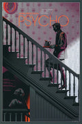 Psycho movie poster featuring man on staircase carrying a pitcher, textured wallpaper background