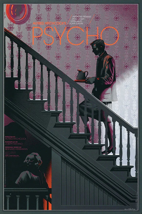 Psycho movie poster featuring man on staircase carrying a pitcher, textured wallpaper background