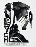 Black and white Psycho movie poster featuring layered profiles, Bates house, and iconic eye in rearview mirror