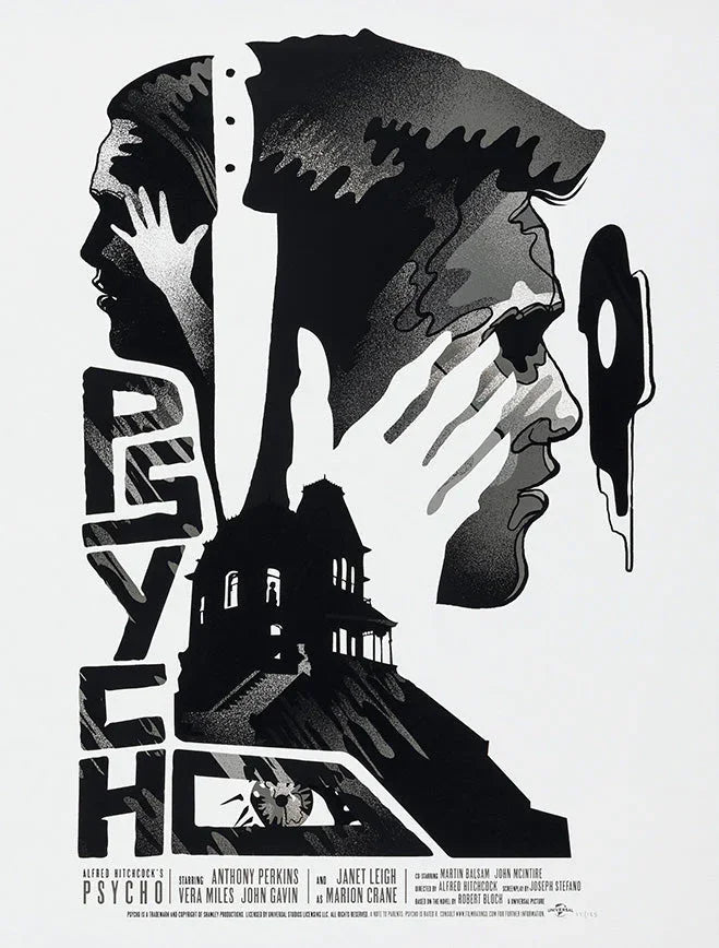 Black and white Psycho movie poster featuring layered profiles, Bates house, and iconic eye in rearview mirror