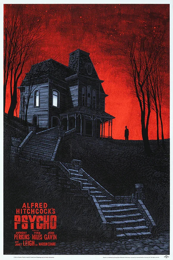 Illustration of the iconic Bates house on a hill with a red night sky and a lone figure, Alfred Hitchcock's Psycho poster
