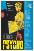 Vintage Alfred Hitchcock's Psycho movie poster with Janet Leigh in yellow dress and bold yellow title