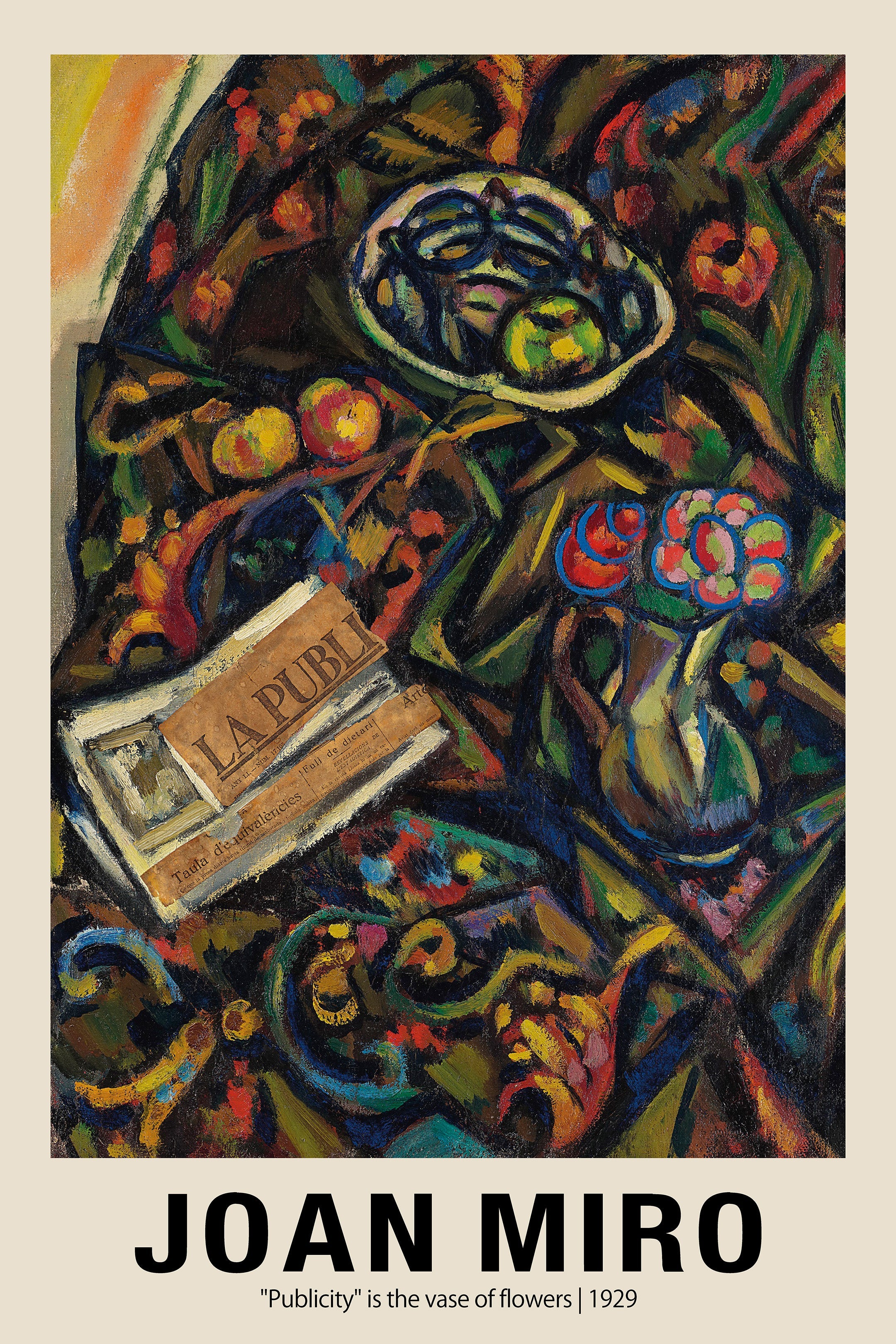 Dense, colorful still life painting by Joan Miró from 1929, depicting abstracted flowers, fruit, and a newspaper titled "La Publi" on a dark, patterned tablecloth.