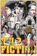 Stylized Pulp Fiction movie poster with illustrated characters holding guns over bold yellow and red text