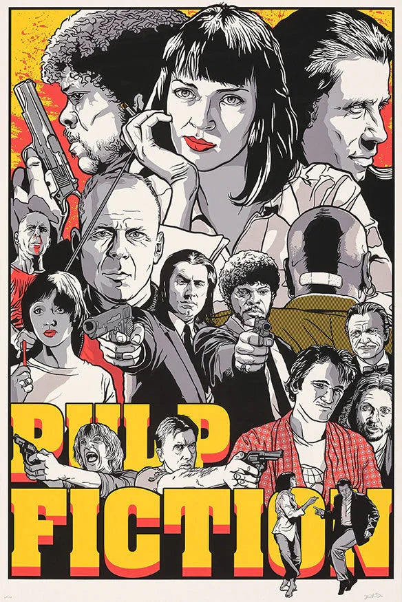 Stylized Pulp Fiction movie poster with illustrated characters holding guns over bold yellow and red text