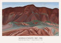Reproduction of Georgia O'Keeffe's 1934 painting, "Purple Hills No II," featuring abstract red and purple New Mexico desert mountains.