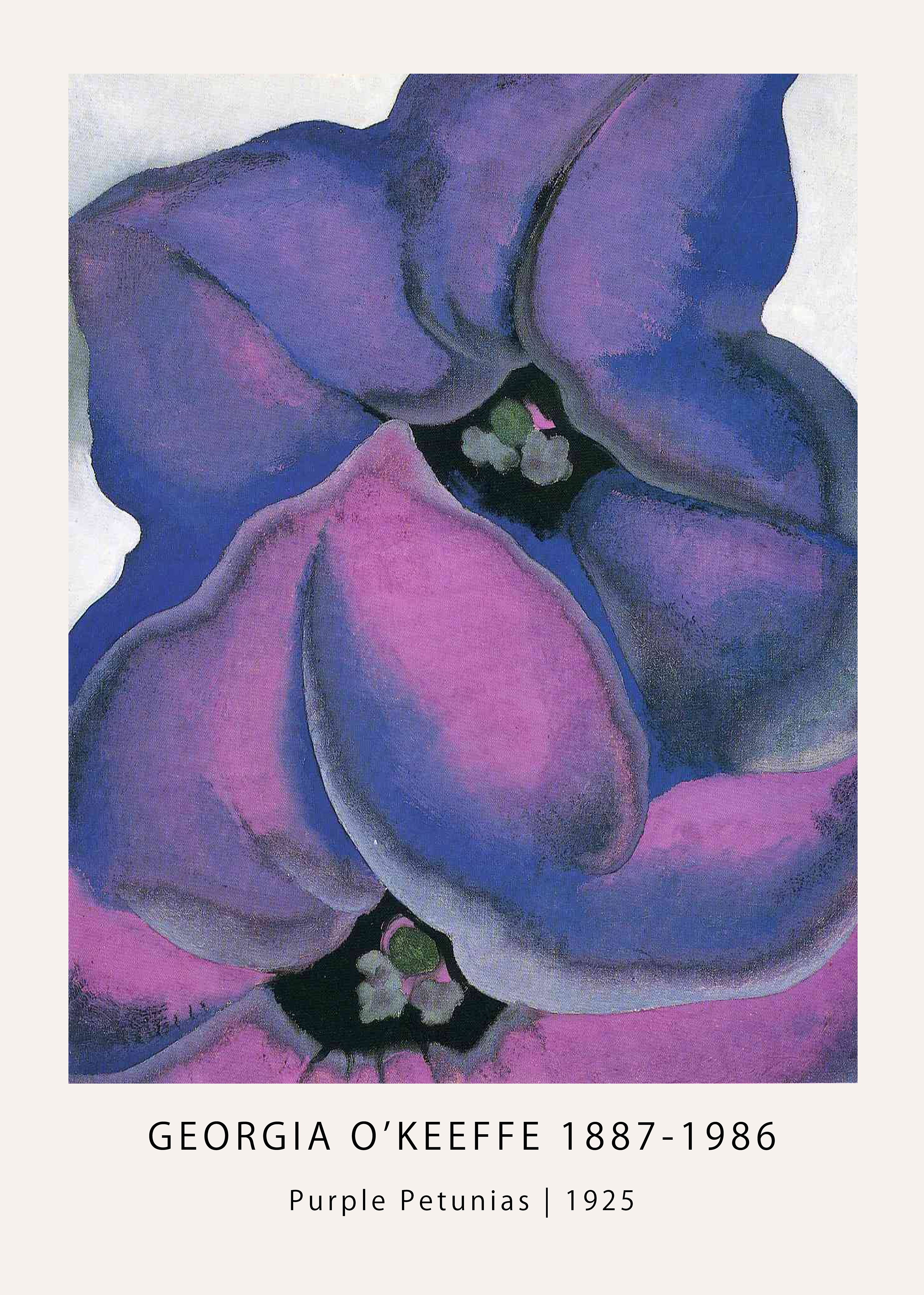 Close-up print of Georgia O'Keeffe's 1925 oil painting, Purple Petunias, showcasing massive purple and magenta flower petals against a light background.