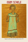 Egon Schiele's "Ragazza in piedi" (1910) featuring a young girl in a mint green dress with a red bow, set against a golden-yellow background.