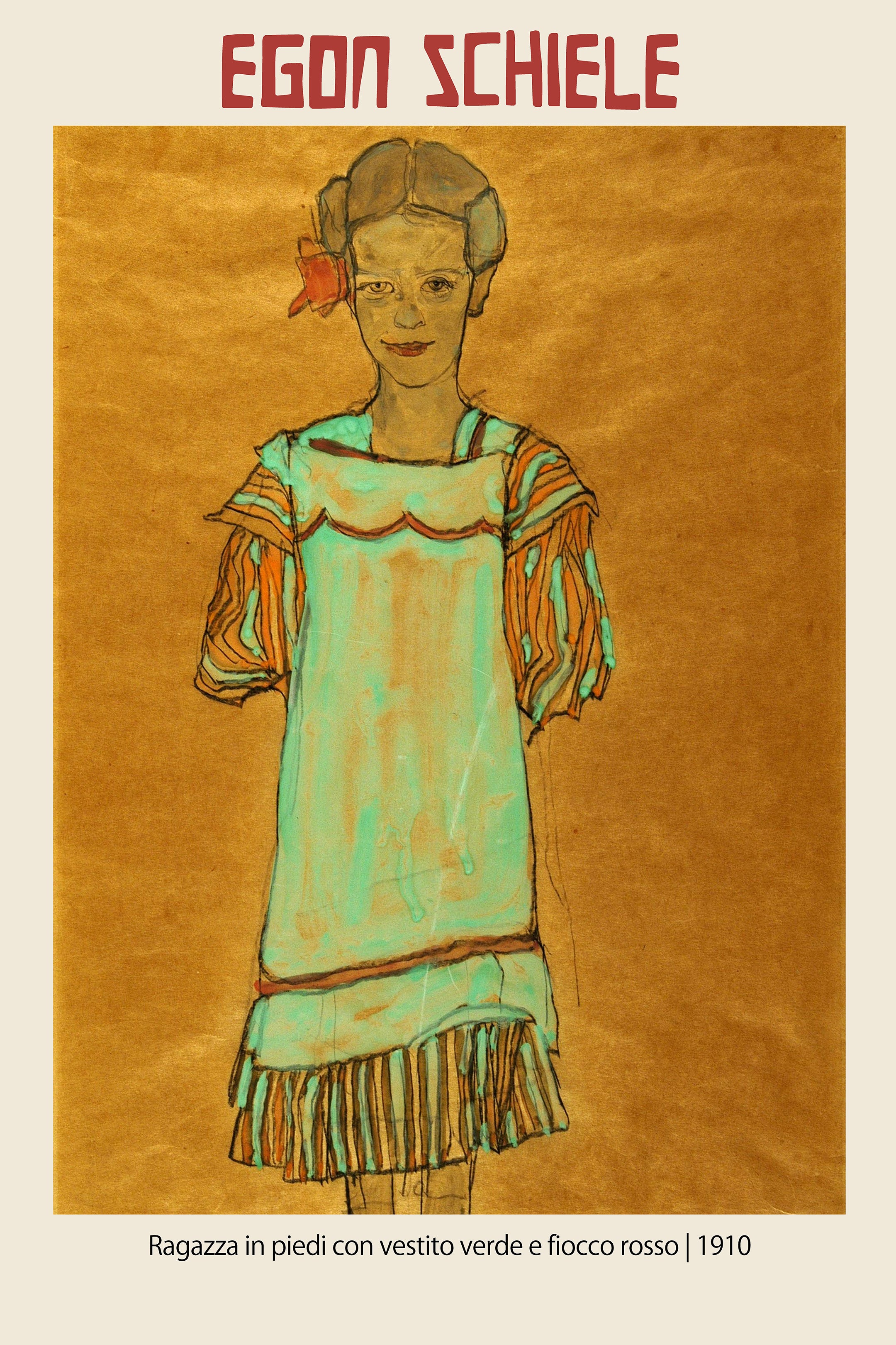 Egon Schiele's "Ragazza in piedi" (1910) featuring a young girl in a mint green dress with a red bow, set against a golden-yellow background.