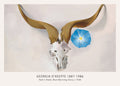 Reproduction of Georgia O'Keeffe's 1938 painting showing a weathered ram skull with curving horns and a bright blue morning glory blossom.