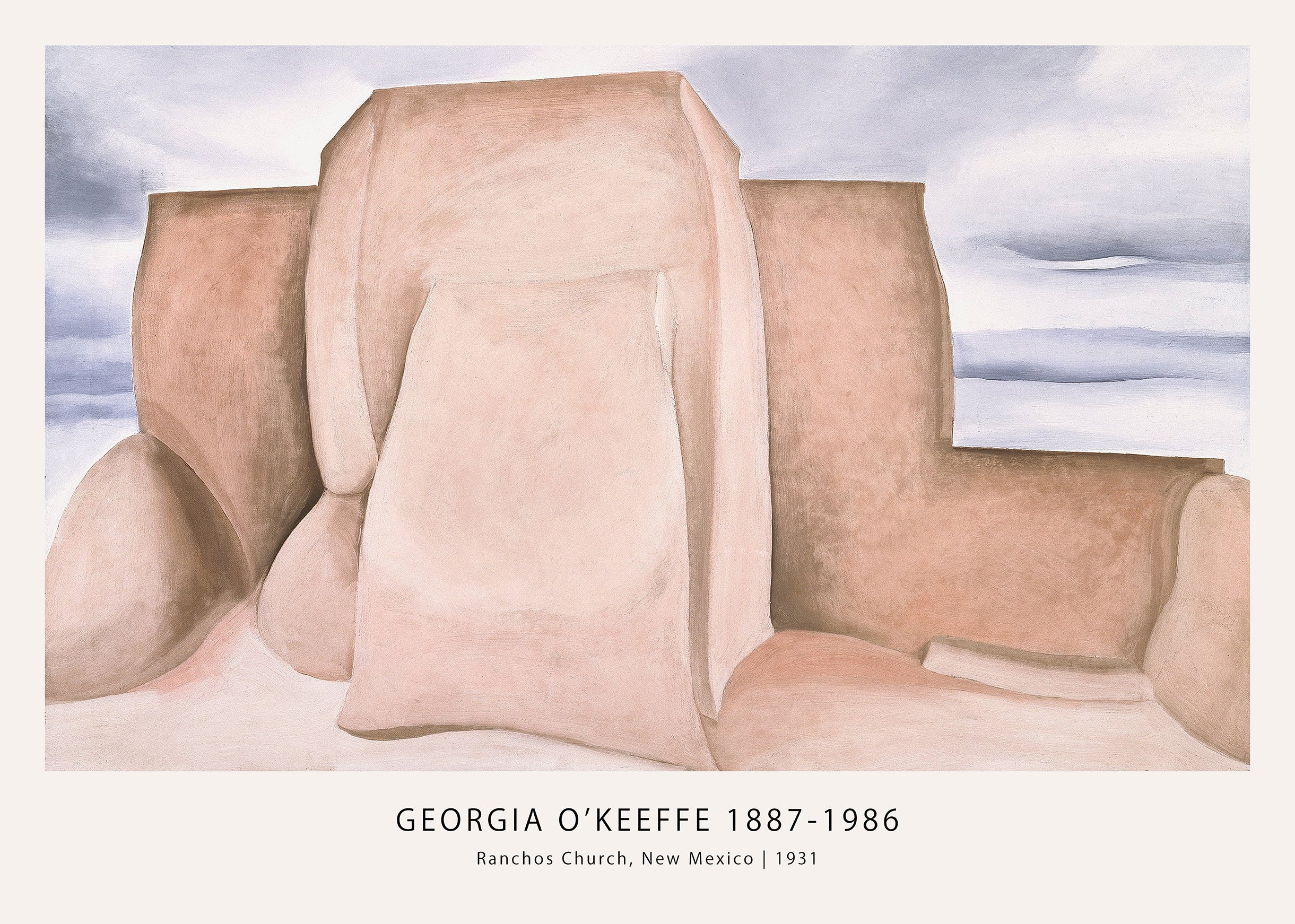 Georgia O'Keeffe's 1931 painting, "Ranchos Church, New Mexico," showing abstract adobe forms in earth tones against a pale sky.