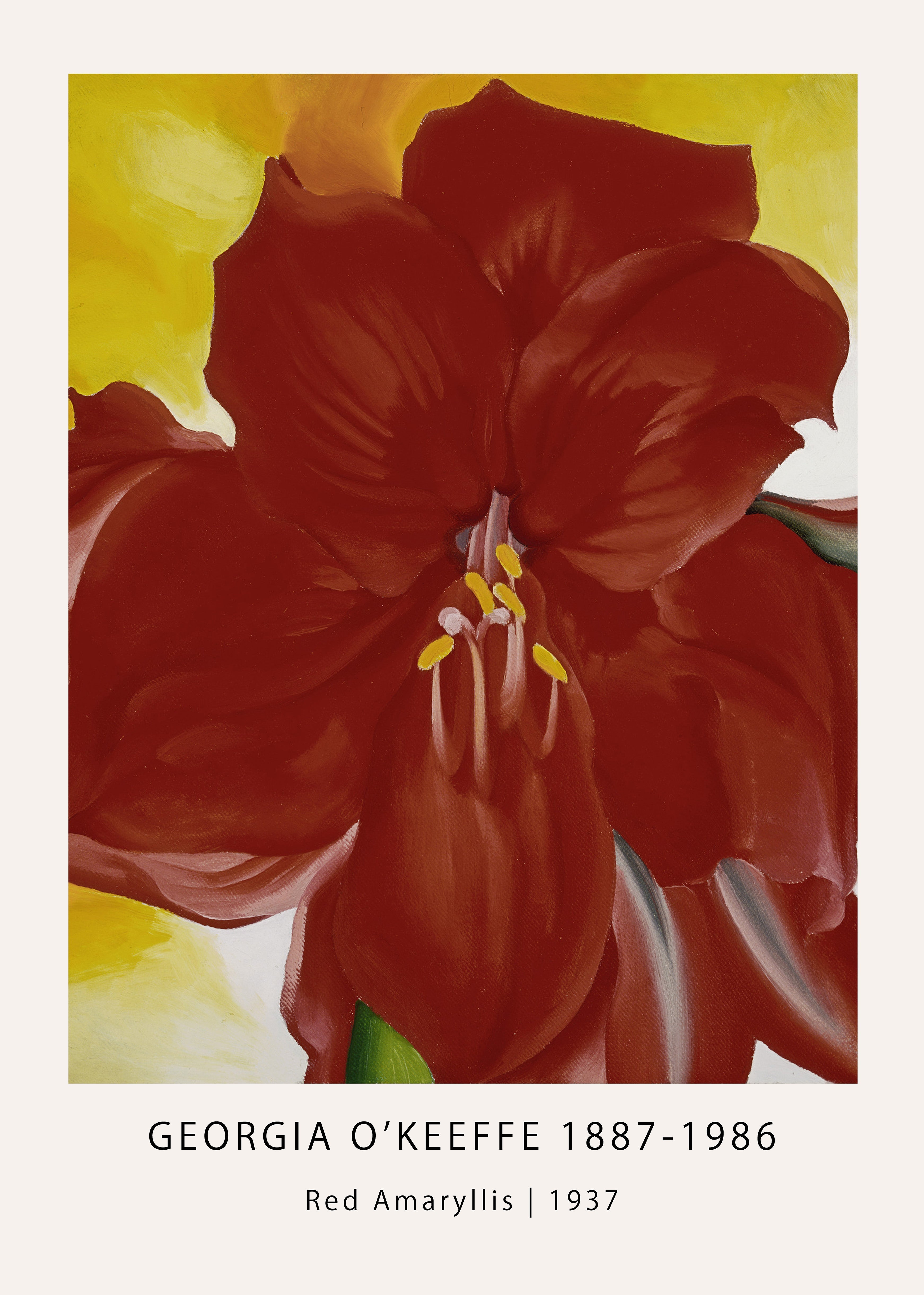 Georgia O'Keeffe painting, "Red Amaryllis," featuring magnified deep red petals against a vibrant yellow background, modernist fine art reproduction.