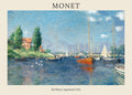 Iconic 1875 Claude Monet painting, "Red Boats, Argenteuil," showing vibrant blue water, white sailboats, and a striking red boat near a grassy riverbank.