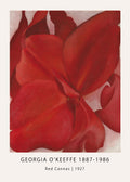 Abstract oil painting by Georgia O'Keeffe of large, detailed red canna lily petals set against a subtle pink-white canvas background.