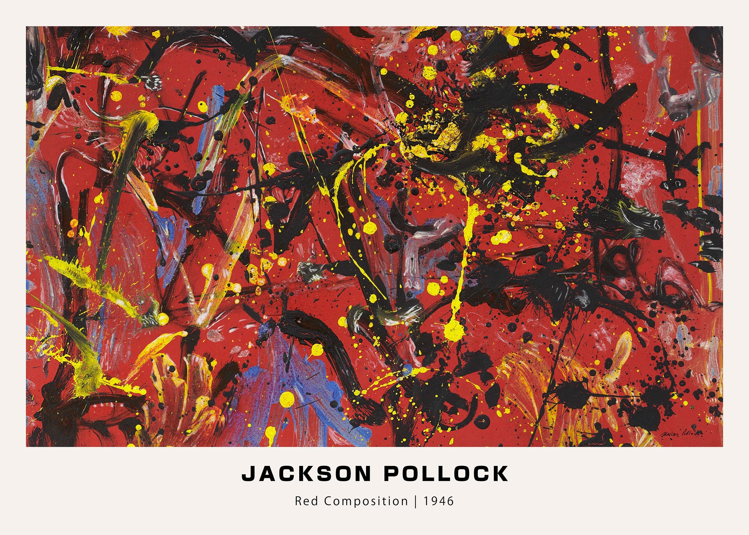 Jackson Pollock's 1946 abstract painting, "Red Composition," featuring aggressive black, yellow, and blue paint splatters and drips on a vivid red background.