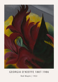 Abstract painting by Georgia O'Keeffe titled "Red Maple" (1922), showing magnified crimson petals and green centers against a gray-yellow field.