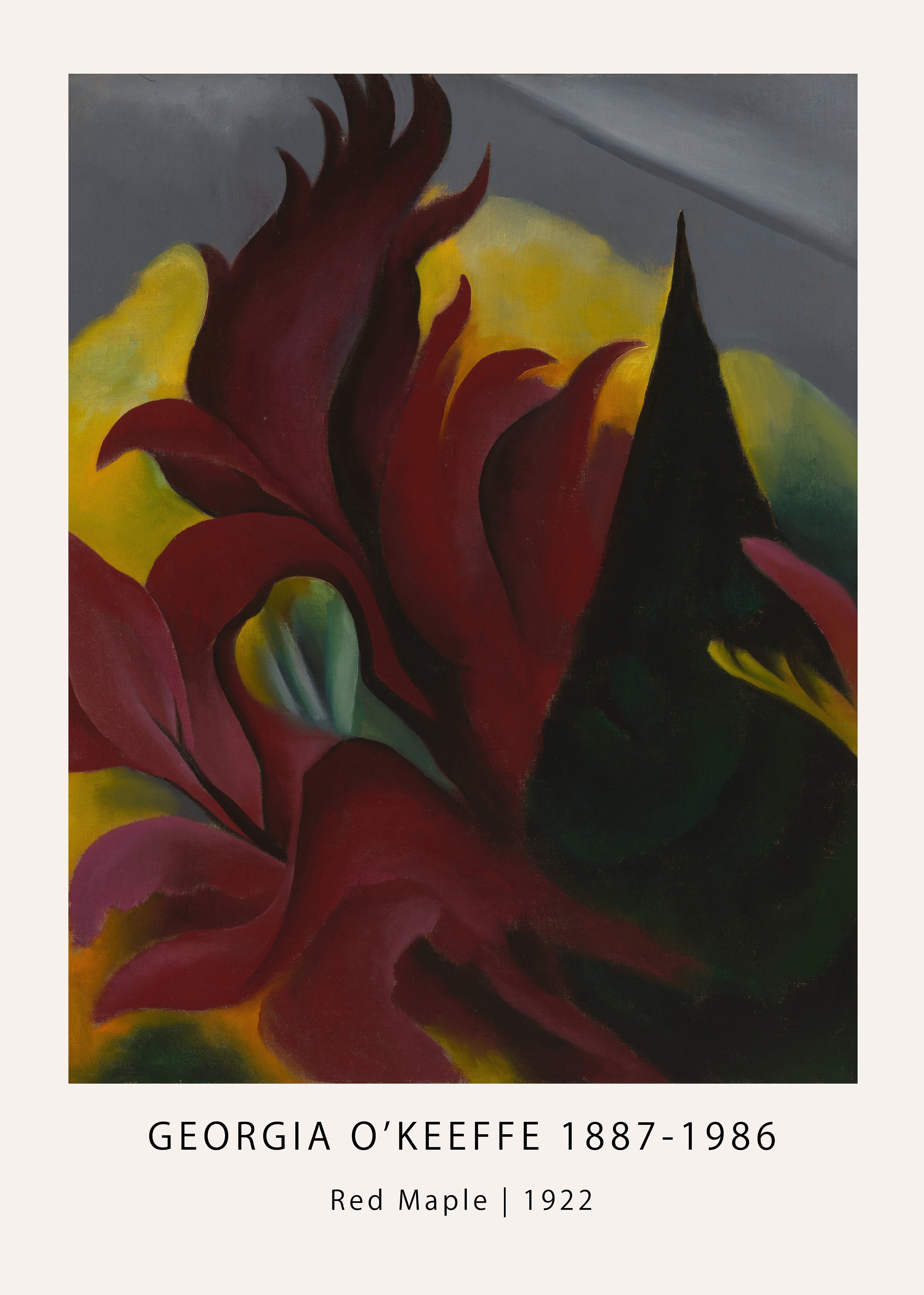 Abstract painting by Georgia O'Keeffe titled "Red Maple" (1922), showing magnified crimson petals and green centers against a gray-yellow field.