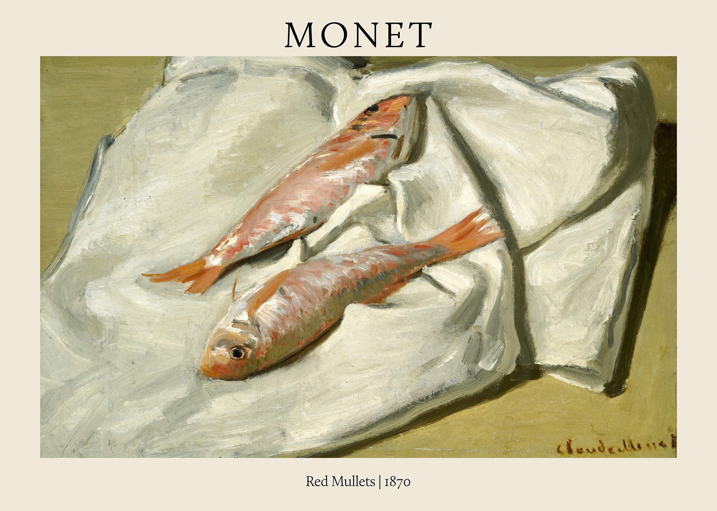 Claude Monet's 1870 still life painting showing two vivid red mullets resting on a crumpled white cloth against an olive background.