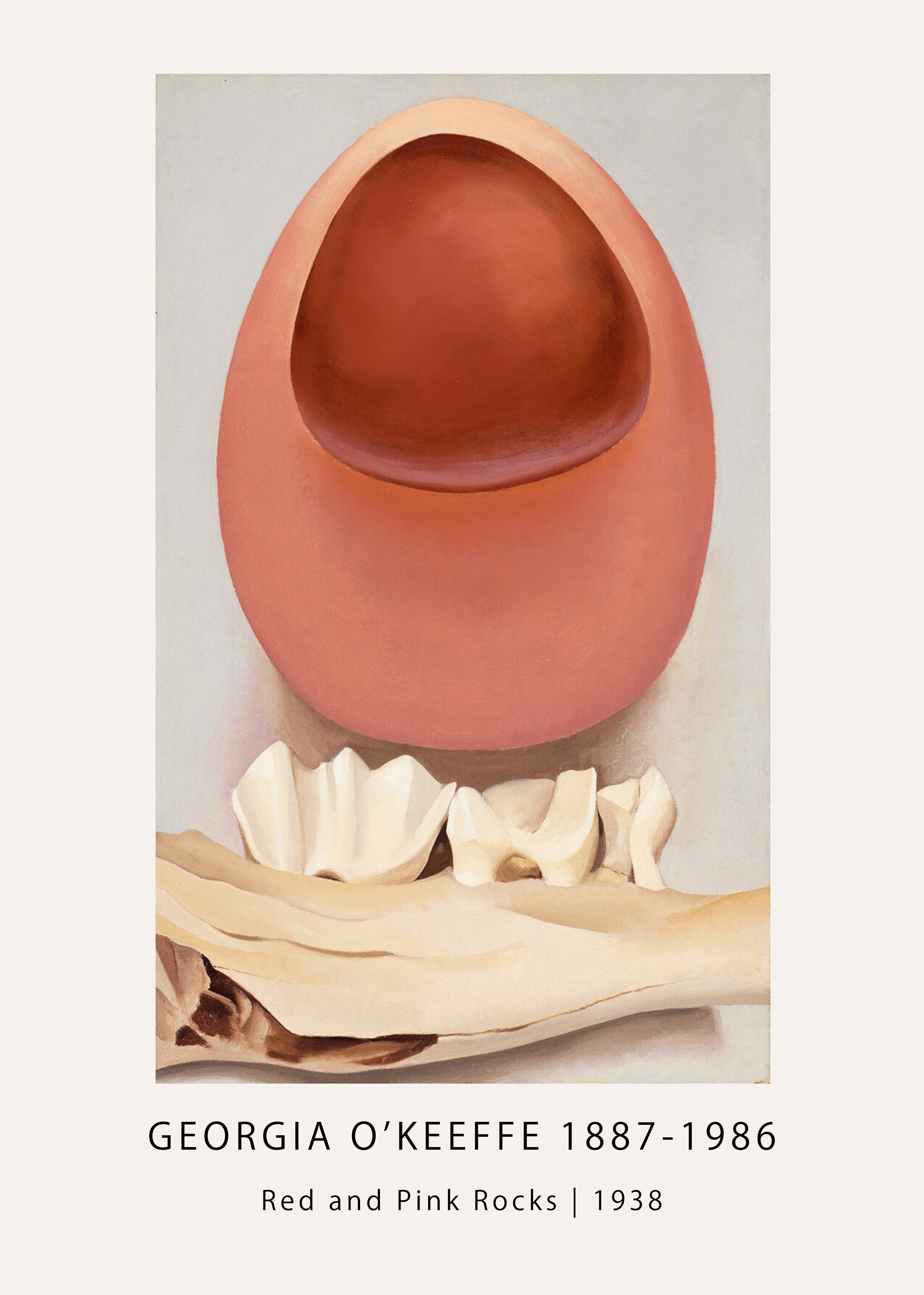 A close-up view of Georgia O'Keeffe's 1938 painting, "Red and Pink Rocks," showing abstract bone fragments and a terracotta-colored, rounded form against a pale background.