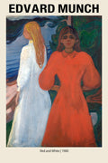 High-quality reproduction of Edvard Munch's 1900 oil painting "Red and White," featuring two women against a dark landscape backdrop.
